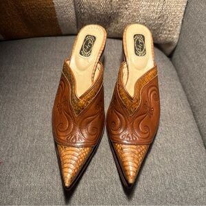 Brown Leather Mules with Ornate Detailing and Classic Silhouette